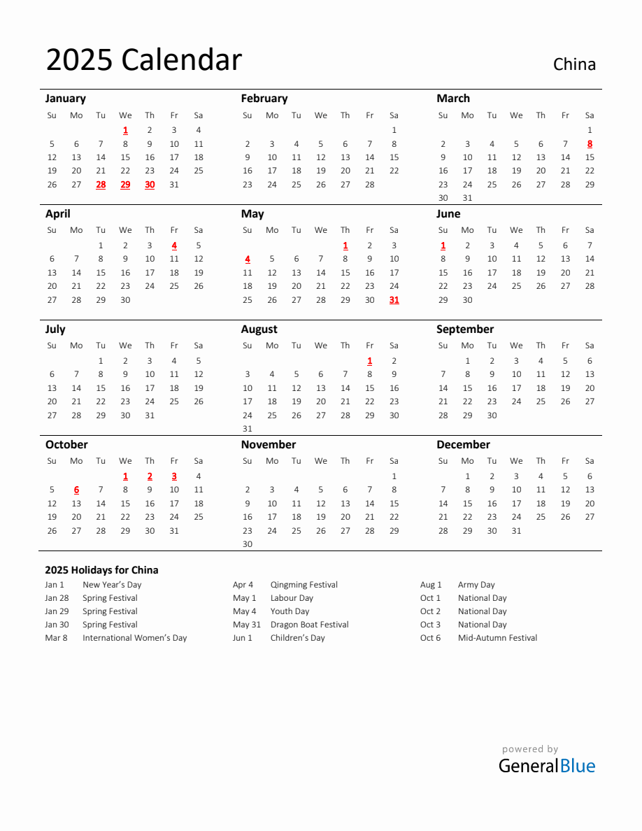 Standard Holiday Calendar for 2025 with China Holidays