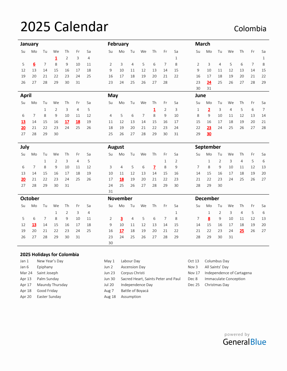 Standard Holiday Calendar for 2025 with Colombia Holidays