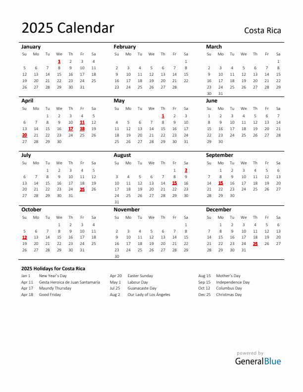 Standard Holiday Calendar for 2025 with Costa Rica Holidays 