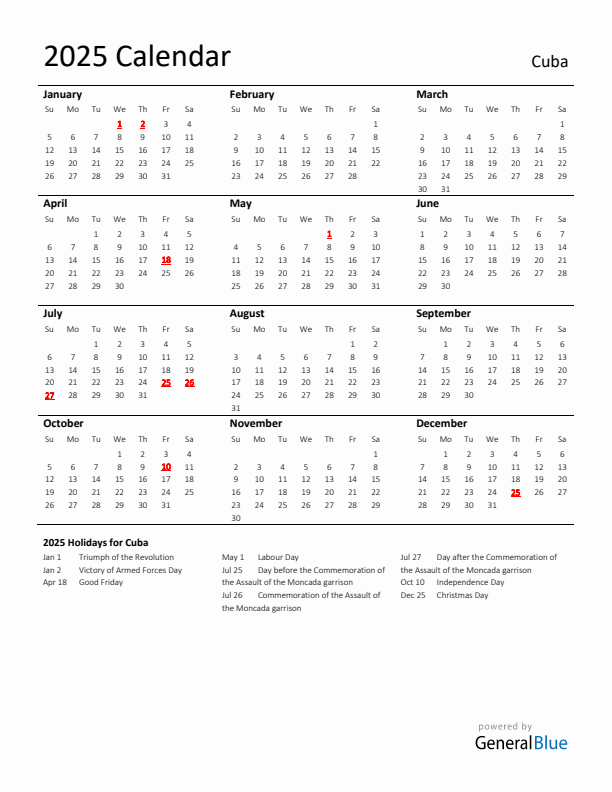Standard Holiday Calendar for 2025 with Cuba Holidays 