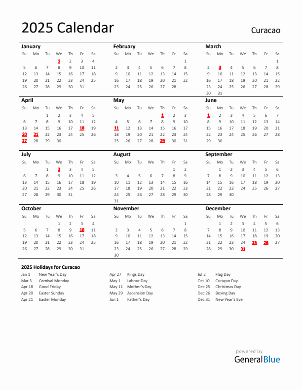 Standard Holiday Calendar for 2025 with Curacao Holidays 