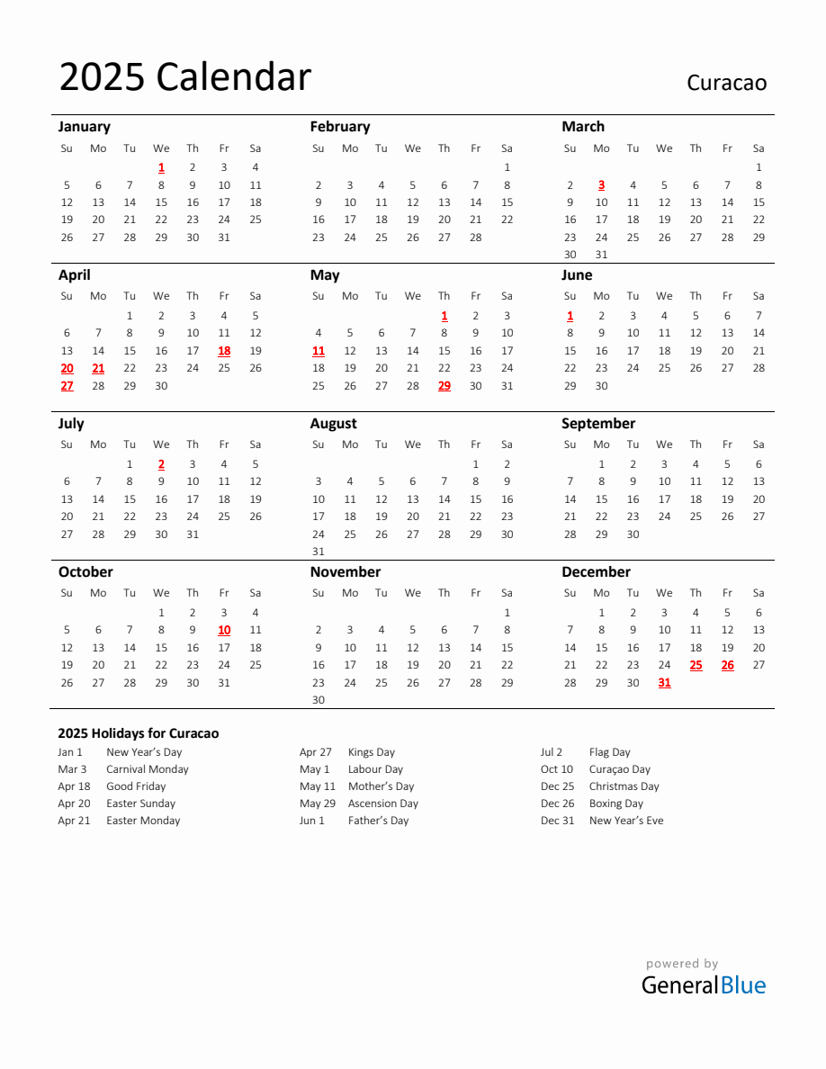 Standard Holiday Calendar for 2025 with Curacao Holidays