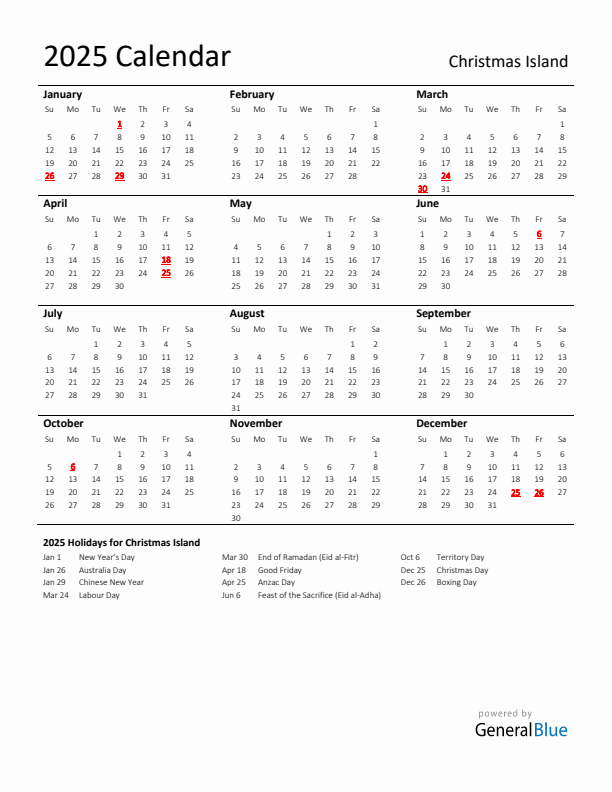 Standard Holiday Calendar for 2025 with Christmas Island Holidays