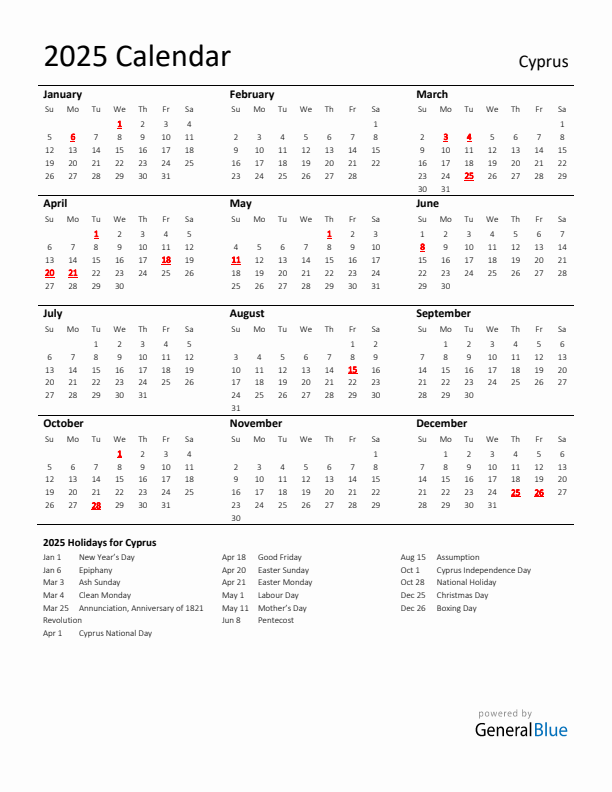 Standard Holiday Calendar for 2025 with Cyprus Holidays 