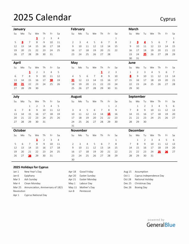 Standard Holiday Calendar For 2025 With Cyprus Holidays