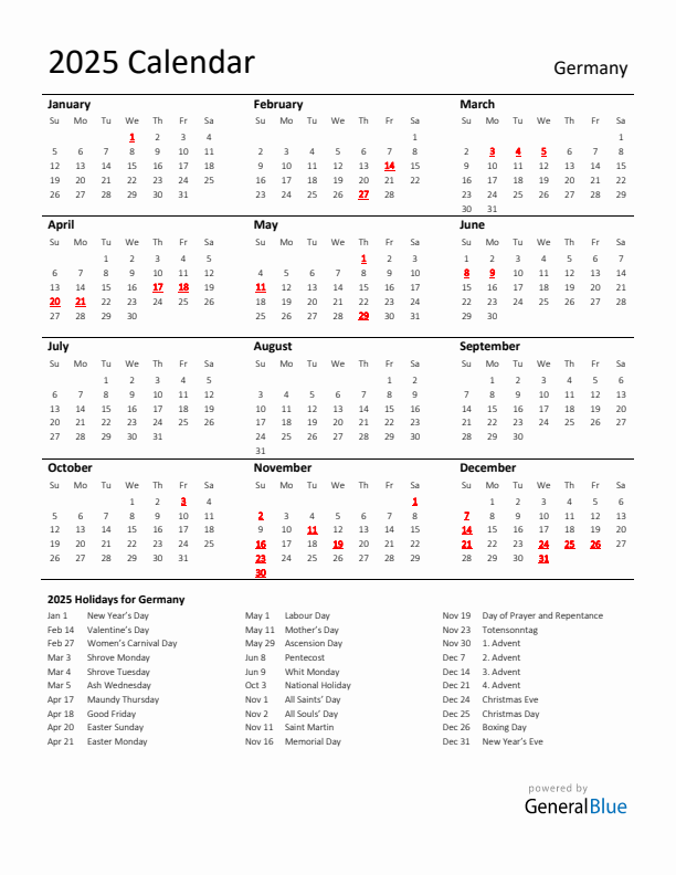 Standard Holiday Calendar for 2025 with Germany Holidays 