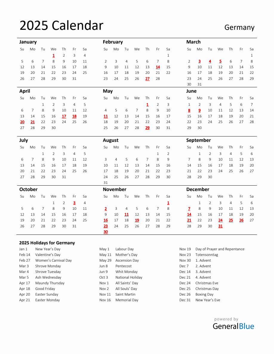 Standard Holiday Calendar for 2025 with Germany Holidays