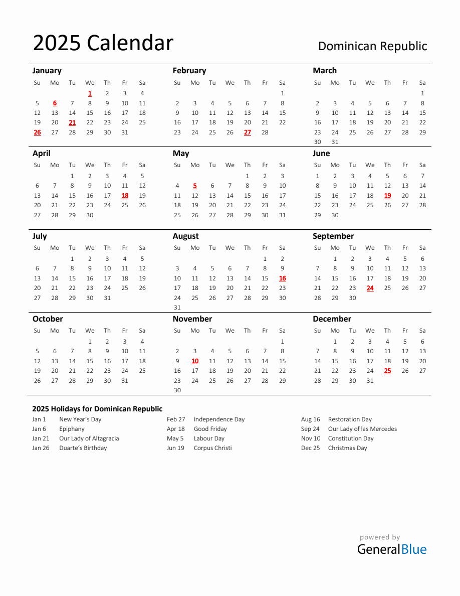 Standard Holiday Calendar for 2025 with Dominican Republic Holidays