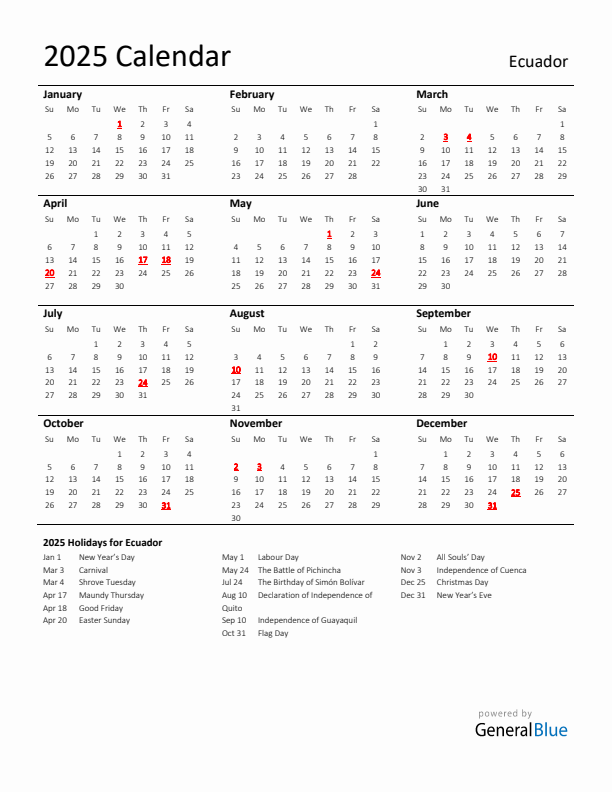 Standard Holiday Calendar for 2025 with Ecuador Holidays 