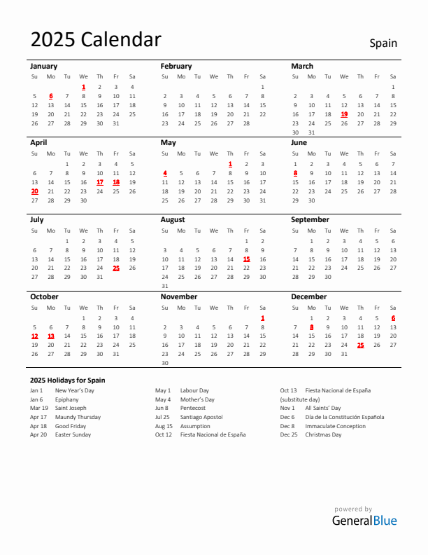 Standard Holiday Calendar for 2025 with Spain Holidays 
