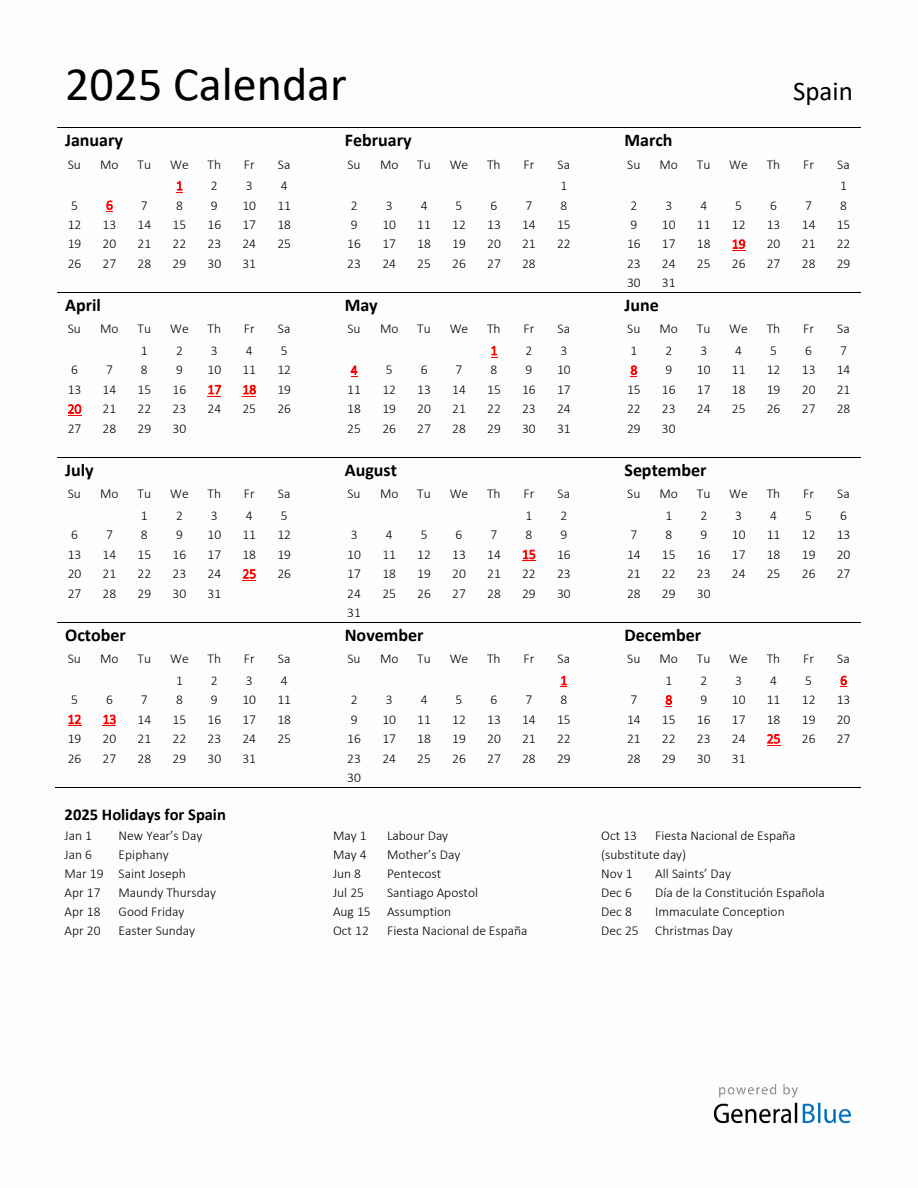 Standard Holiday Calendar for 2025 with Spain Holidays