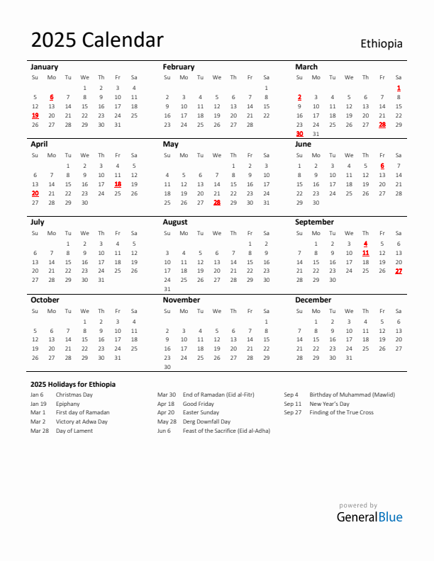 Standard Holiday Calendar for 2025 with Ethiopia Holidays 
