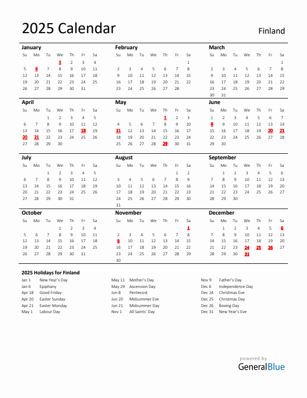 Standard Holiday Calendar for 2025 with Finland Holidays 