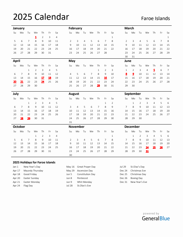 Standard Holiday Calendar for 2025 with Faroe Islands Holidays 
