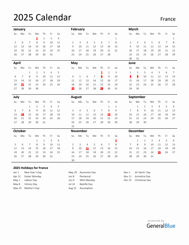 Standard Holiday Calendar for 2025 with France Holidays 
