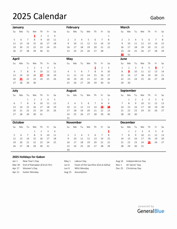 Standard Holiday Calendar for 2025 with Gabon Holidays 