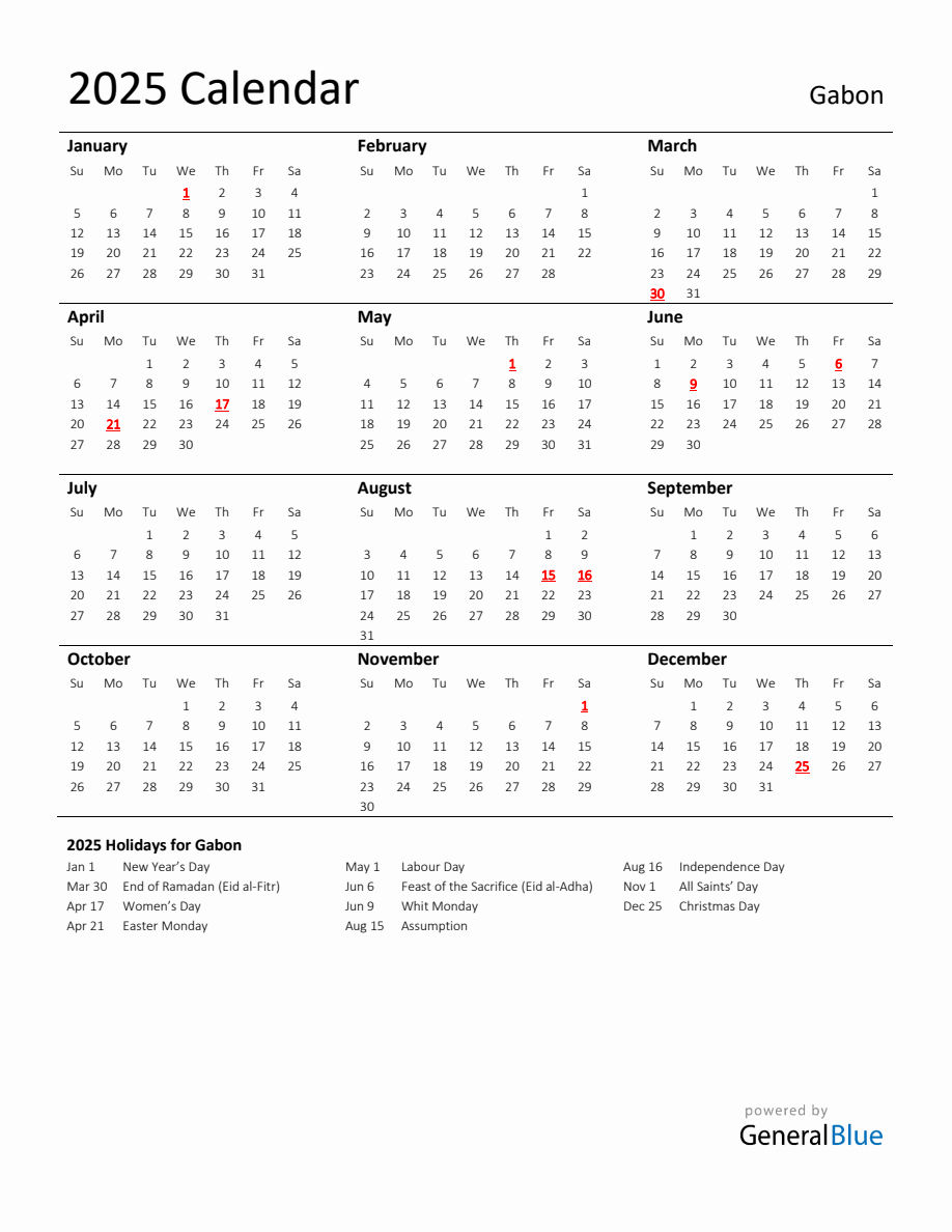 Standard Holiday Calendar for 2025 with Gabon Holidays