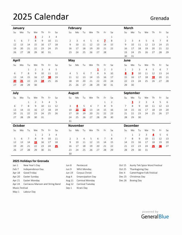 Standard Holiday Calendar for 2025 with Grenada Holidays 