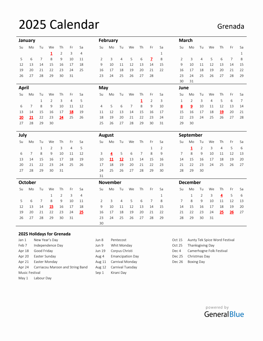 Standard Holiday Calendar for 2025 with Grenada Holidays