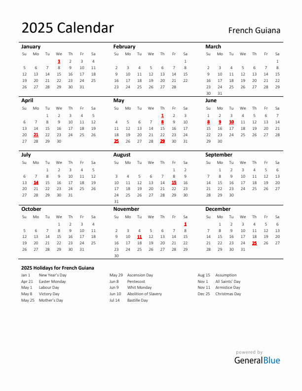 Standard Holiday Calendar for 2025 with French Guiana Holidays 