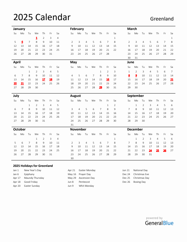 Standard Holiday Calendar for 2025 with Greenland Holidays 