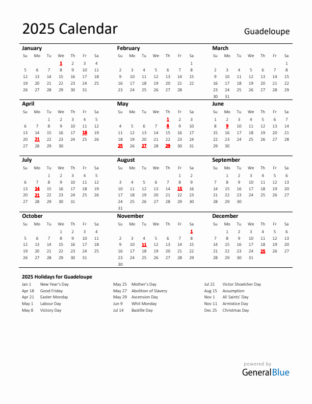 Standard Holiday Calendar for 2025 with Guadeloupe Holidays 