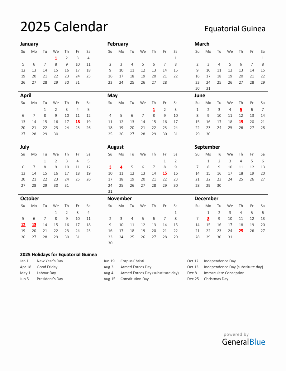 Standard Holiday Calendar for 2025 with Equatorial Guinea Holidays