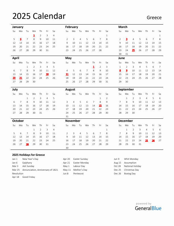 Standard Holiday Calendar for 2025 with Greece Holidays 