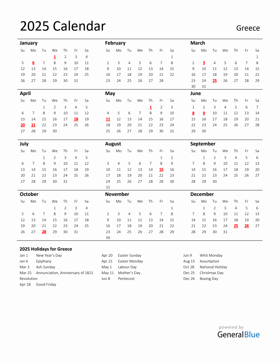 Standard Holiday Calendar for 2025 with Greece Holidays