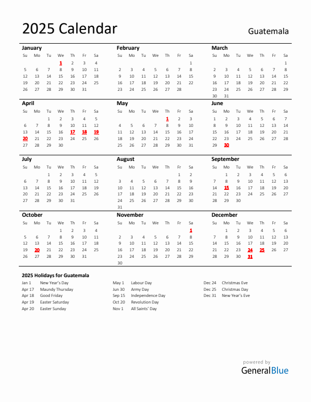 Standard Holiday Calendar for 2025 with Guatemala Holidays 