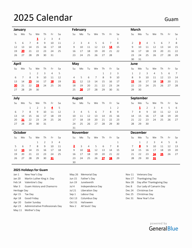 Standard Holiday Calendar for 2025 with Guam Holidays 