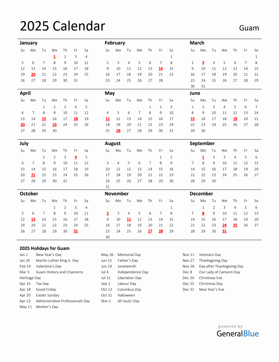 Standard Holiday Calendar for 2025 with Guam Holidays