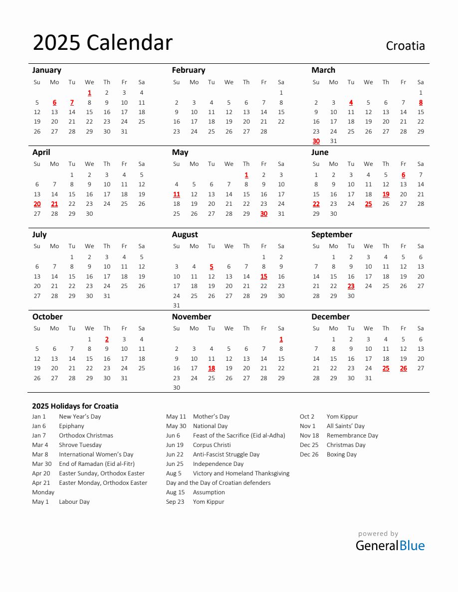 Standard Holiday Calendar for 2025 with Croatia Holidays