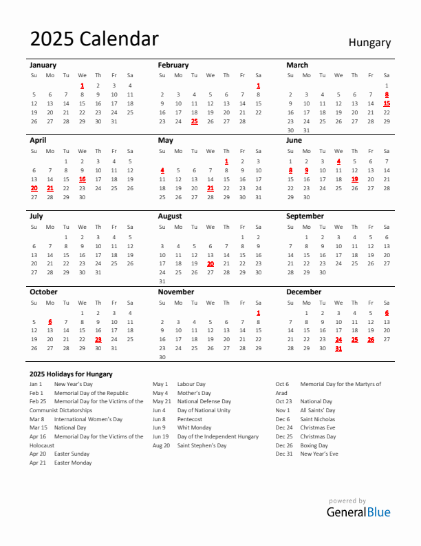 Standard Holiday Calendar for 2025 with Hungary Holidays 