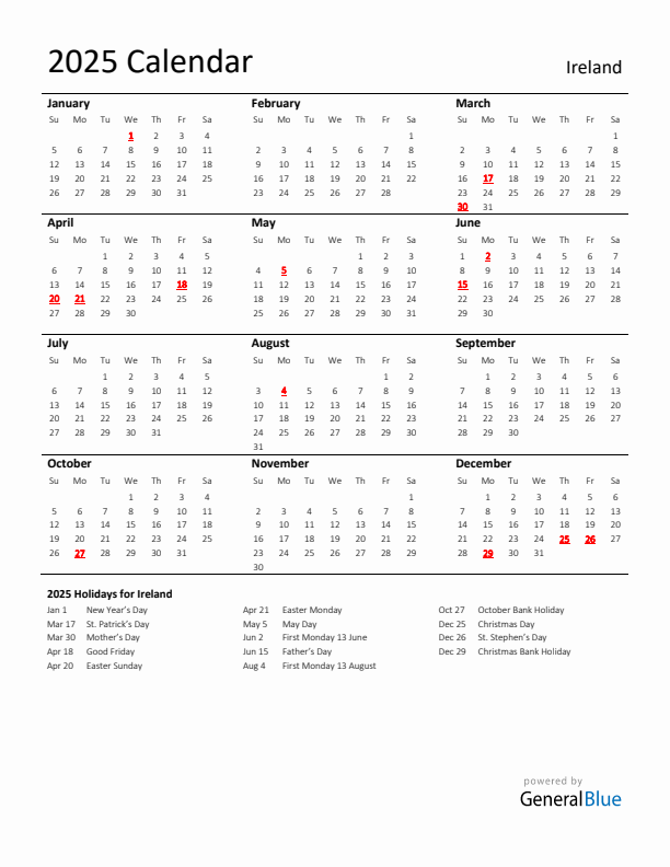 Standard Holiday Calendar for 2025 with Ireland Holidays 