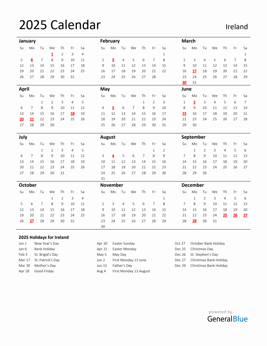 Standard Holiday Calendar for 2025 with Ireland Holidays