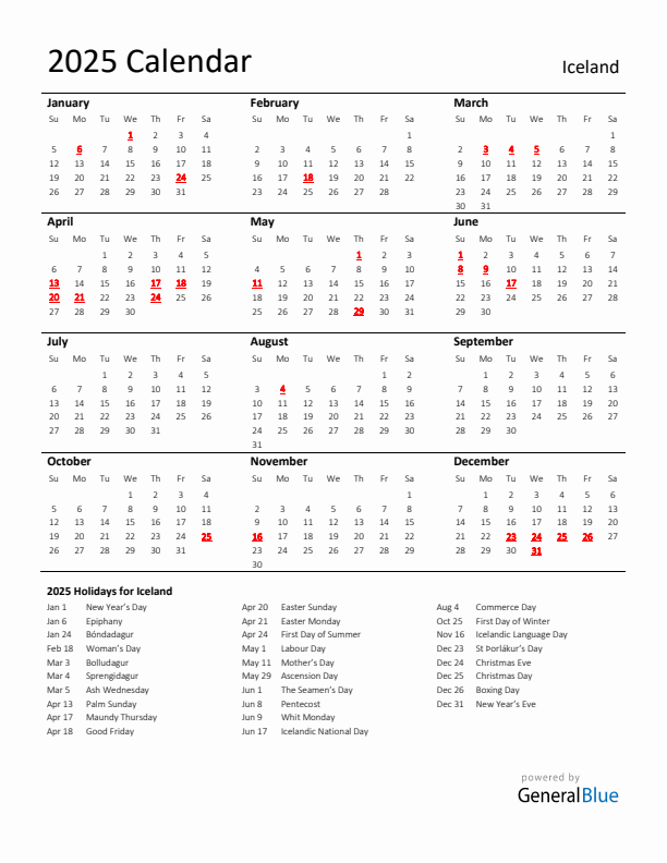 Standard Holiday Calendar for 2025 with Iceland Holidays 