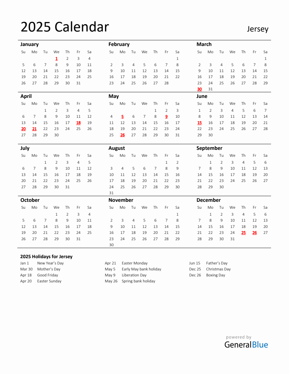 Standard Holiday Calendar for 2025 with Jersey Holidays