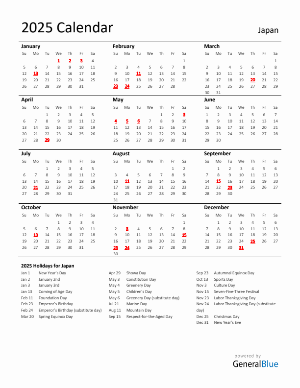 Standard Holiday Calendar for 2025 with Japan Holidays 