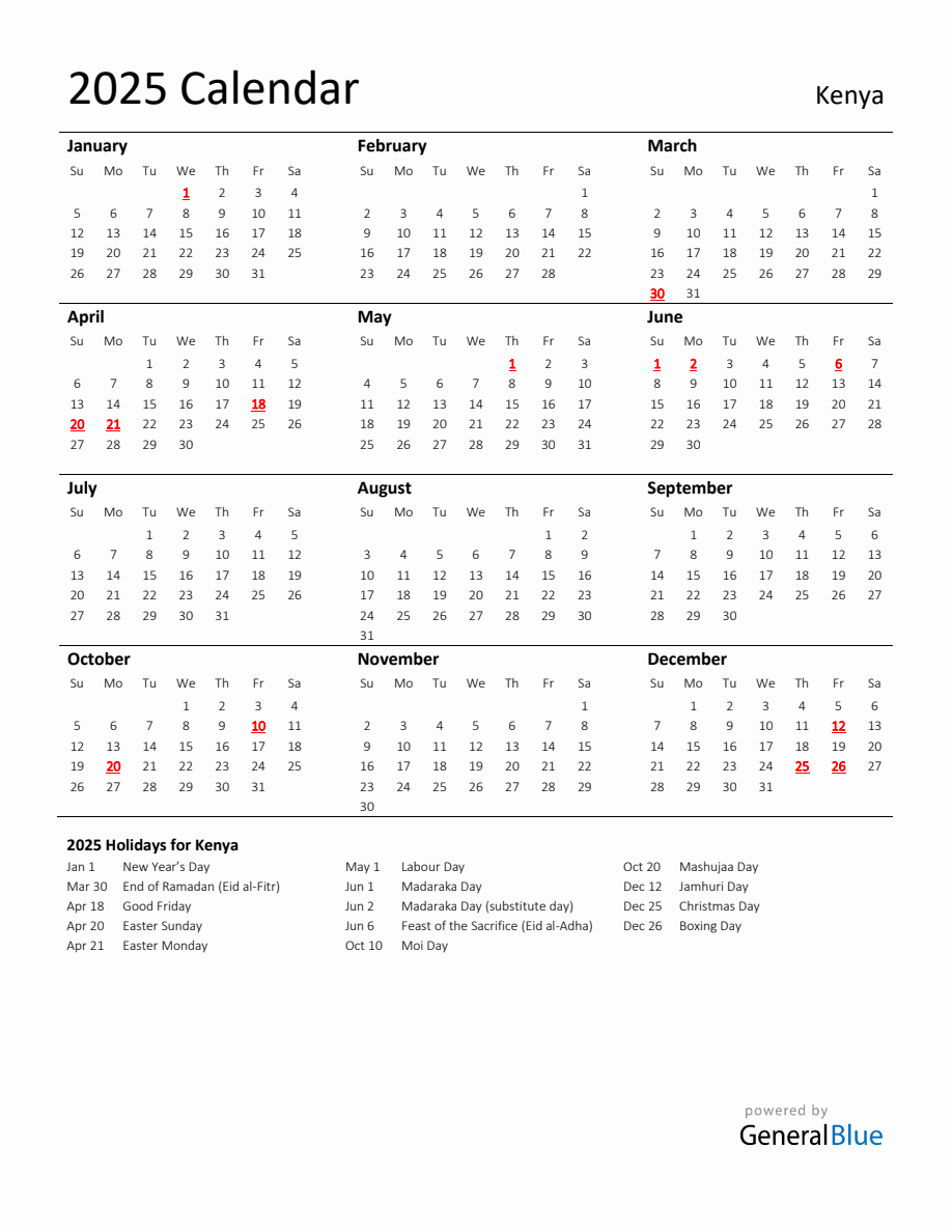 Standard Holiday Calendar for 2025 with Kenya Holidays