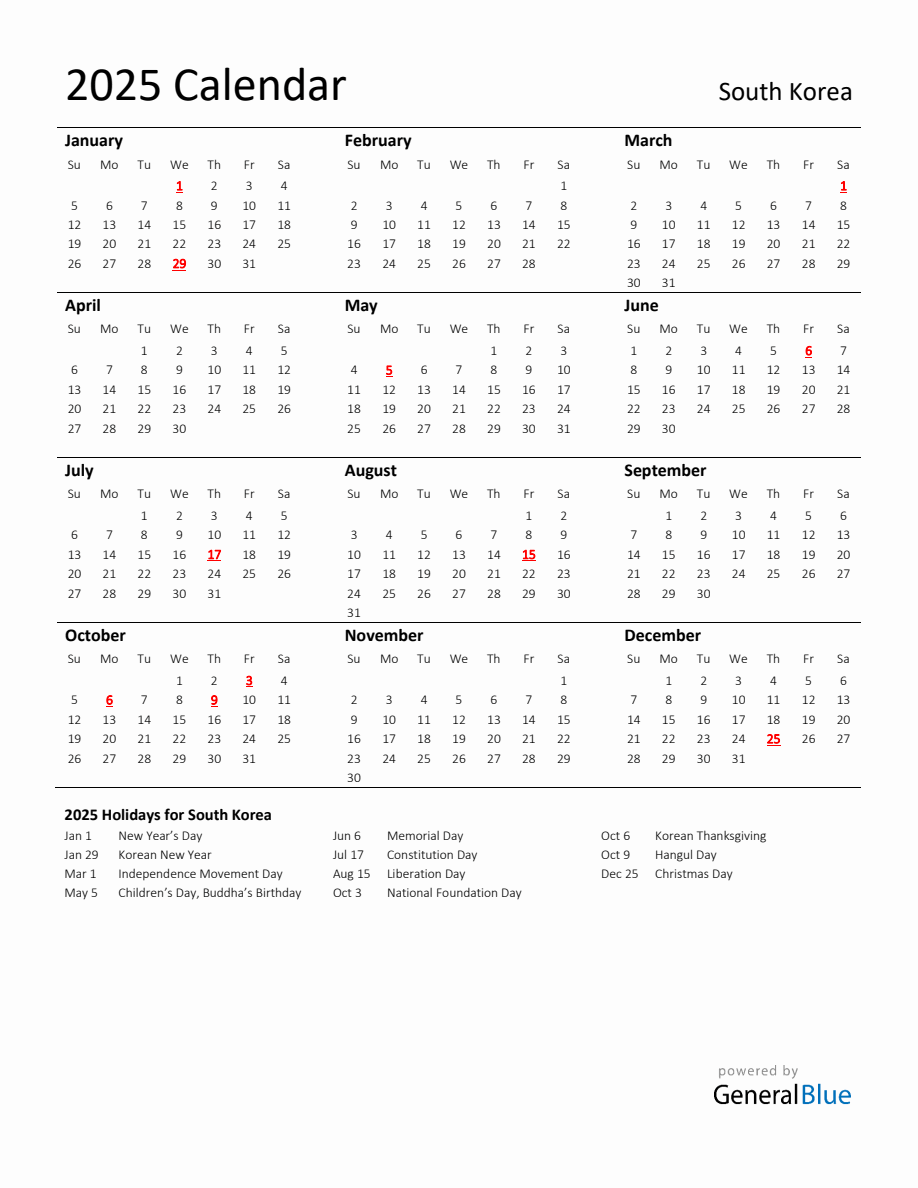 Standard Holiday Calendar for 2025 with South Korea Holidays