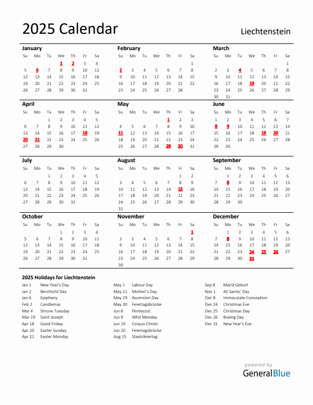 Standard Holiday Calendar for 2025 with Liechtenstein Holidays 