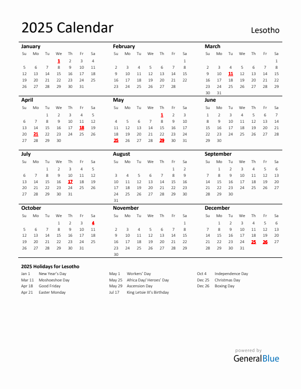 Standard Holiday Calendar for 2025 with Lesotho Holidays 