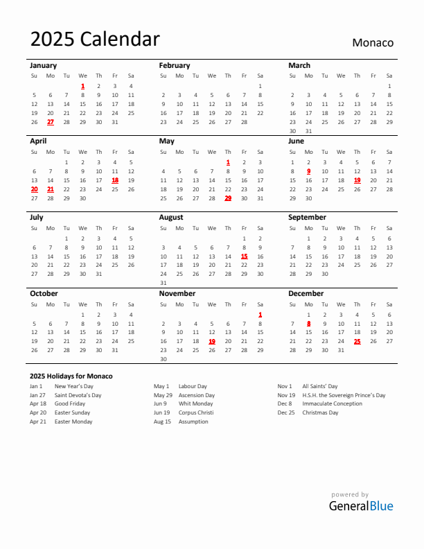 Standard Holiday Calendar for 2025 with Monaco Holidays 