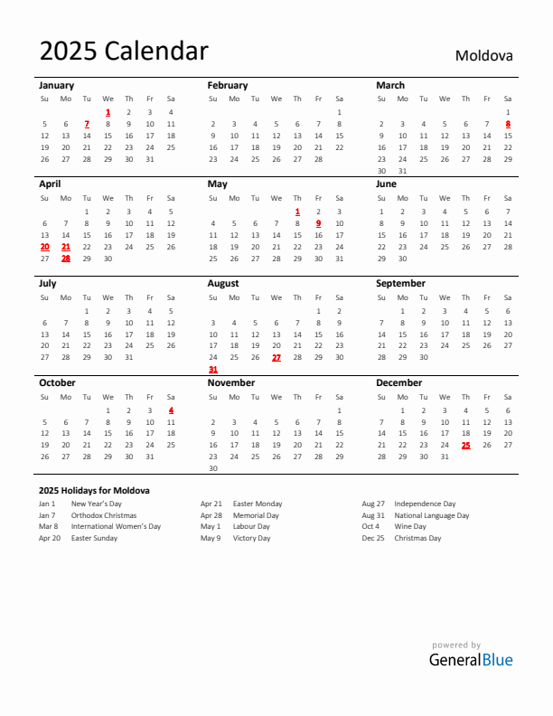 Standard Holiday Calendar for 2025 with Moldova Holidays 