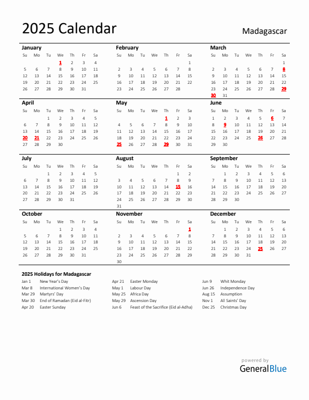 Standard Holiday Calendar for 2025 with Madagascar Holidays 