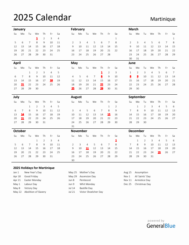 Standard Holiday Calendar for 2025 with Martinique Holidays 