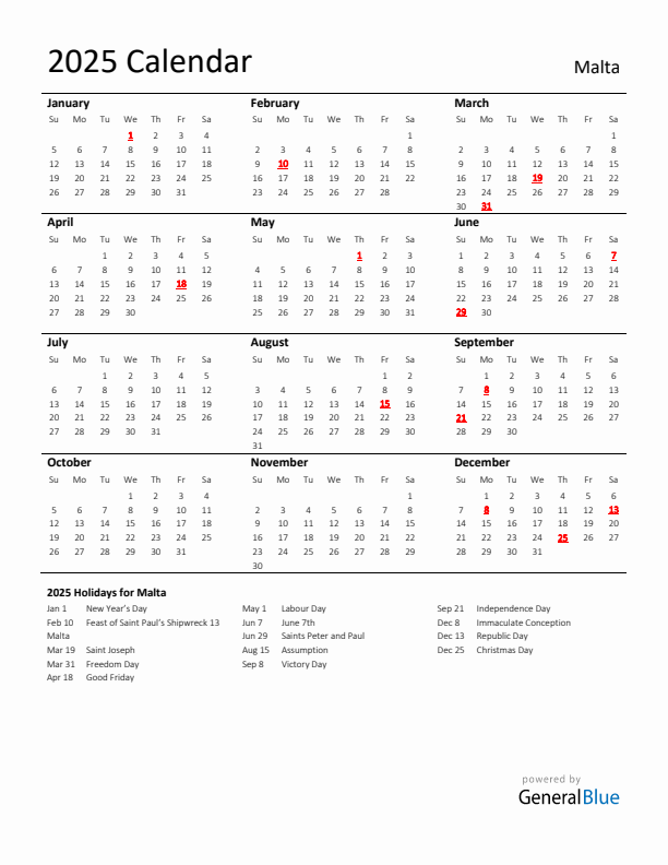 Standard Holiday Calendar for 2025 with Malta Holidays 