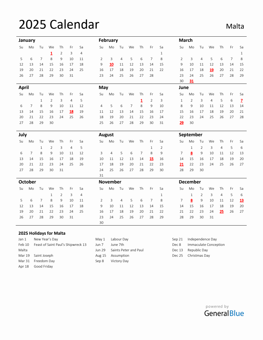 Standard Holiday Calendar for 2025 with Malta Holidays