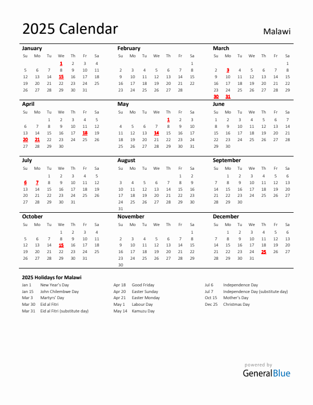 Standard Holiday Calendar for 2025 with Malawi Holidays 